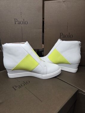 Linea Paolo Amber White Leather Neon Wedge Sneakers NIB Size 6